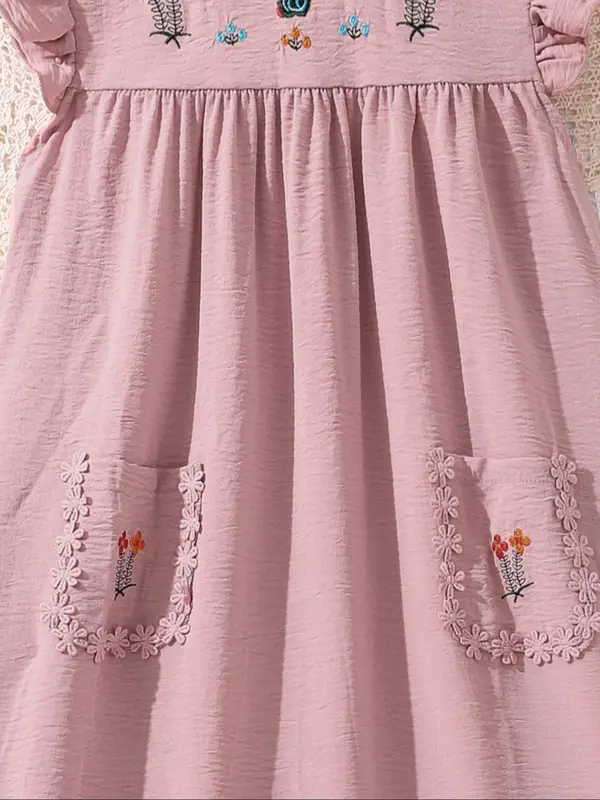 Girl's Floral Embroidery Ruffle Trim Dress, Cute Casual Short Sleeve A Line Dress for Summer, Kids Clothes for Daily Wear 4