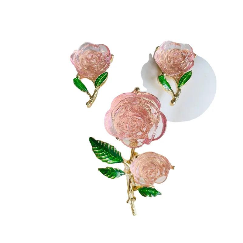 Vintage Rose Flower Brooch, Silver Needle Earrings, Enamel Drops, Green Leaves, Women's Ice Crystal, Powdery Feeling Brooch 2