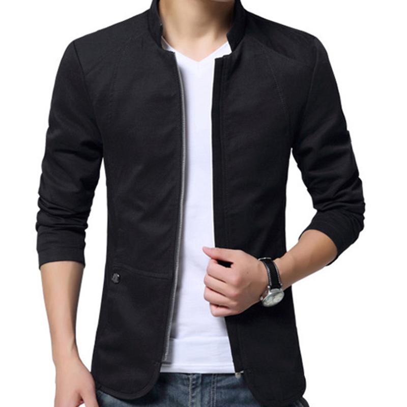 Casual Men Autumn Solid Color Stand Collar Zipper Pockets Thin Slim Blazer Coat 4