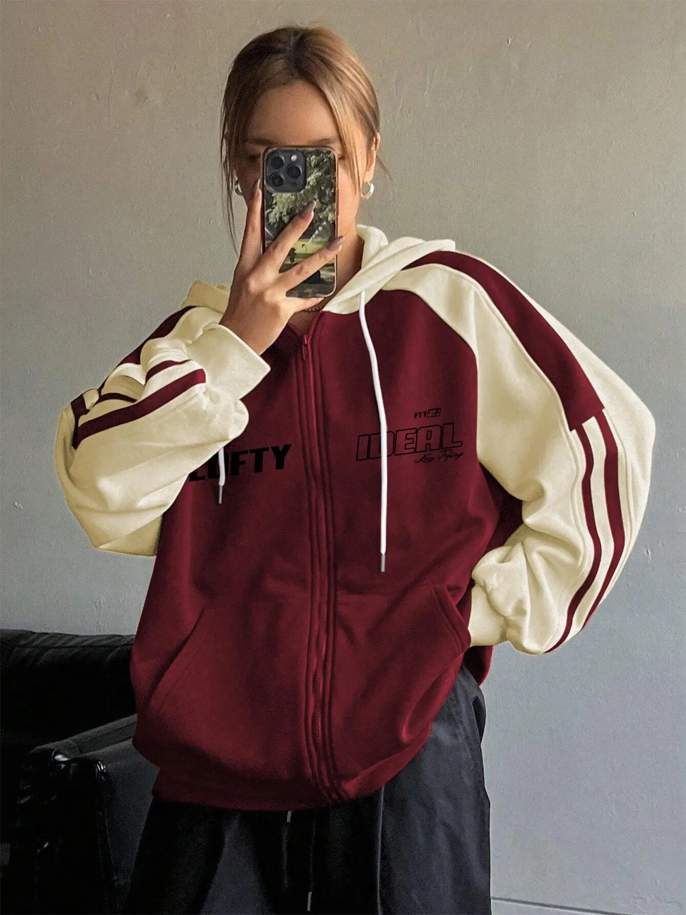 Women's Letter Print Zip Up Hoodie, Casual Drawstring Pocket Hooded Sweatshirt for Spring & Fall, Fashion Women's Clothing for Daily Wear