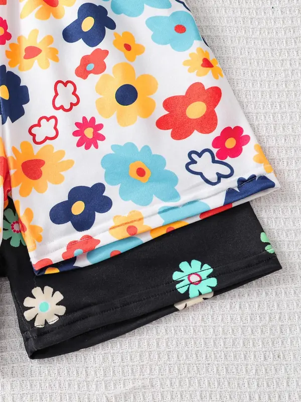 Girl's Floral Print Tee & Shorts Set, Casual Cute Round Neck Short Sleeve T-shirt & Shorts, Summer Clothes for Kids 7