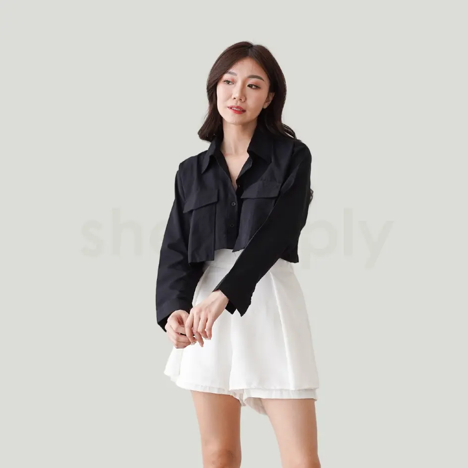 Shesimply Kemeja Crop Top Lengan Panjang Pocket Onjo Blouse Wanita
