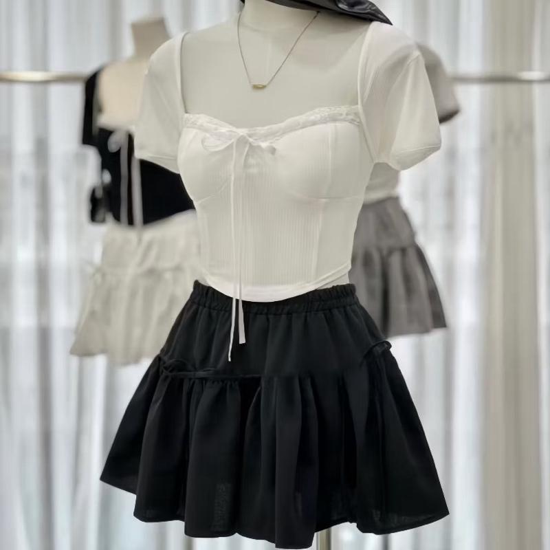 Sét Áo Kiểu Ren Nơ + Mix chân váy bí có lót quần bên trong ( Bigsize :50-90kg ) Nữ Women | BigBuy360 - bigbuy360.vn