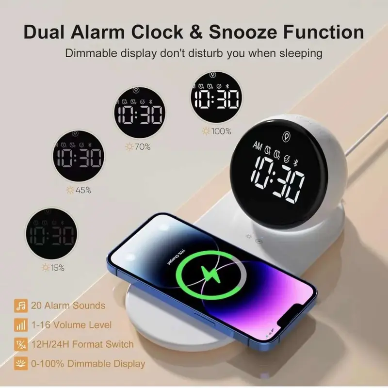 Đế Loa Bluetooth + đồng hồ - kết hợp sạc không dây 15w và đèn ngủ Nghe Nhạc Củ Loa 0