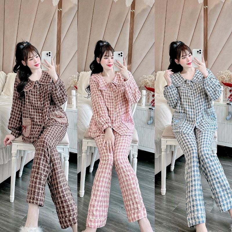 Bộ Ngủ Nữ Áo 2 Túi Sọc Kẽ Caro Cổ Viền Bèo Ren Chất Vải Kẻ Nhung Mềm Mịn Phom 40-60kg - Voi, Women Kem Tim Top