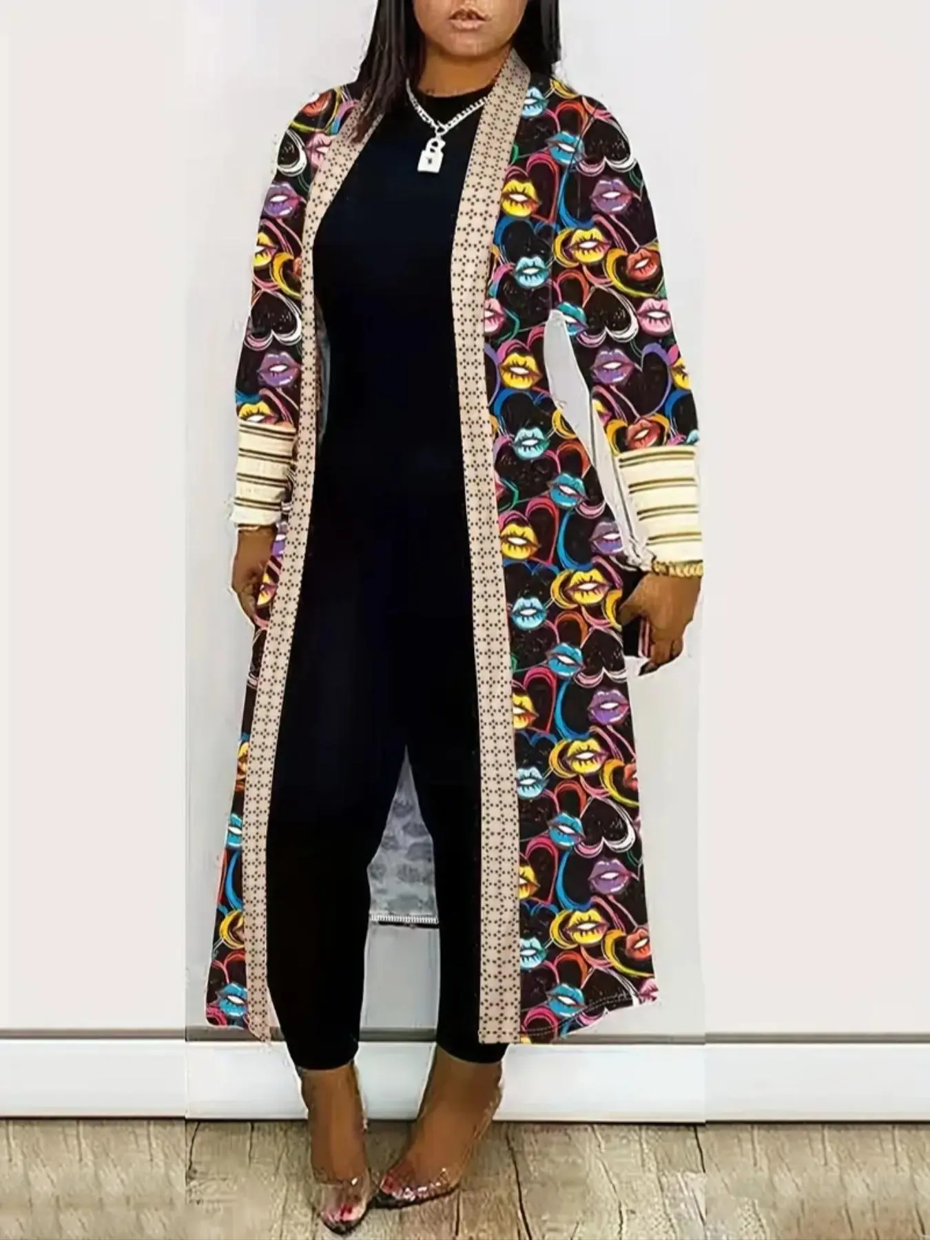 Women's Patchwork Striped Print Long Sleeve Knitting Cardigan, Casual Comfort Fashionable Breathable Printed Open Front Knitwear for Spring & Fall, Lady's Knit Clothing for Daily Wear