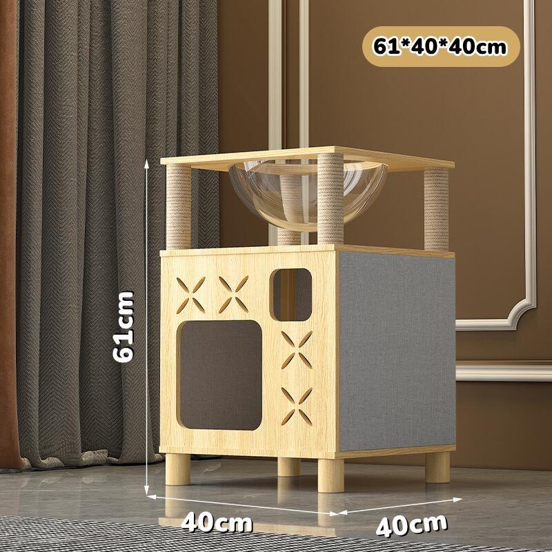 【SG Local Seller】2-in-1Modern Real Solid Wood Cat Tree, Luxury Wooden Cat Tower Cat Condo for Indoor Cats 61cm with Enclosed Sleeping Area,Loop linen fabric 0