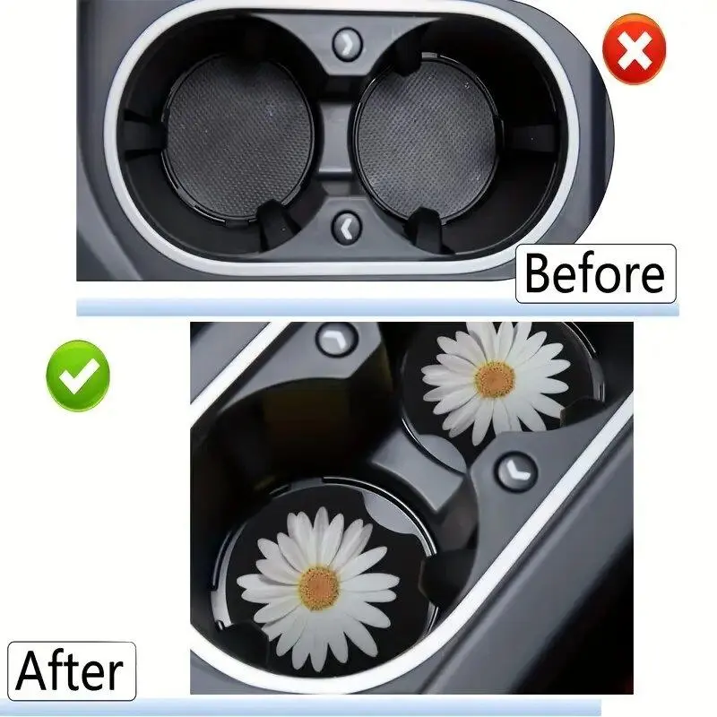 Daisy Pattern Car Coasters, 1 Pair Waterproof Non-slip Car Cup Mat, Car Interior Decoration Accessories, Car Interior Accessory 2