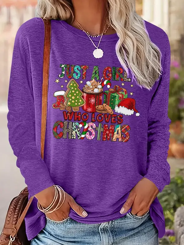 Women's Christmas Themed T-shirt, Casual Letter Print Long Sleeve Round Neck Tee for Daily Wear, Ladies Fall & Winter Clothes 8