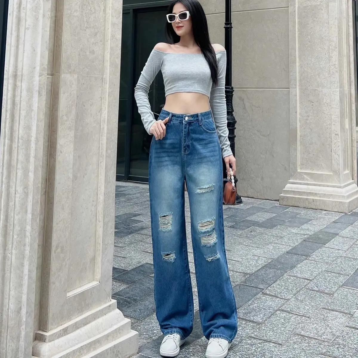 ( NẤM LÙN SUÔNG 105CM ) QUẦN JEANS SUÔNG, QUẦN BÒ SUÔNG  RÁCH THỜI TRANG, HÀNG QCCC MS12 Nữ Pants Women