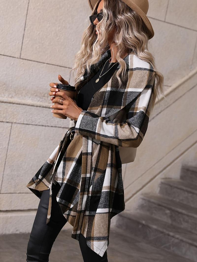 Product Introduction of Women's Plaid Print Belted Asymmetrical Hem Coat, Elegant Long Sleeve Waterfall Collar Outerwear for Fall & Winter, Women's Clothing for Daily Wear 8