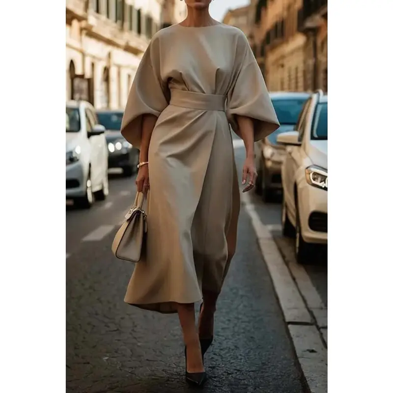 2025 Spring Summer Women's Fashion European and American Cross-border Elegant Solid Color Waist-cinching Dress Casual Batwing Sleeve Long Dress Modesty Formal Green 7