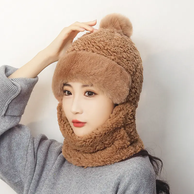 Winter Women's Warm Windproof Hat with Ear Protection Korean Style Neck Warmer Integrated Hat Outdoor Cycling Travel Warm Plush Hat