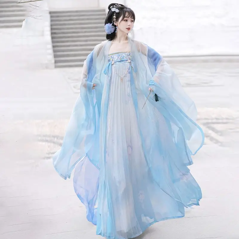 Hanfu Chính Hãng Cho Nữ, Yihanxi, Phong Cách Đường Tấn, Áo Sơ Mi Dài Ngực Ruqun Tay Lớn, Thiết Kế Hoa Và Mưa Toàn Bộ Bầu Trời, Phong Cách Mùa Xuân Và Mùa Hè Hàng Ngày Tươi Mới Women Dress 1
