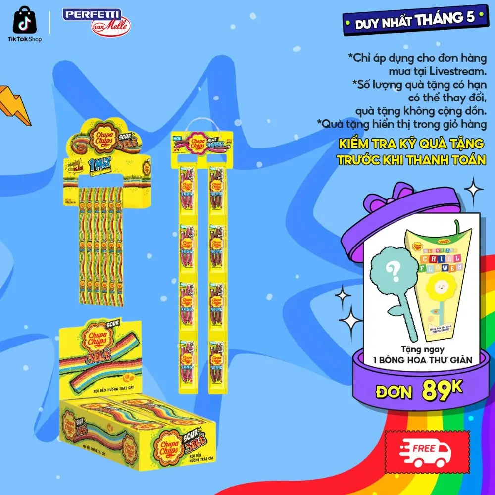Kẹo dẻo vị chua Chupa Chups hương trái cây hỗn hợp và kẹo dẻo vị chua hình ống hương Dâu, Cola
