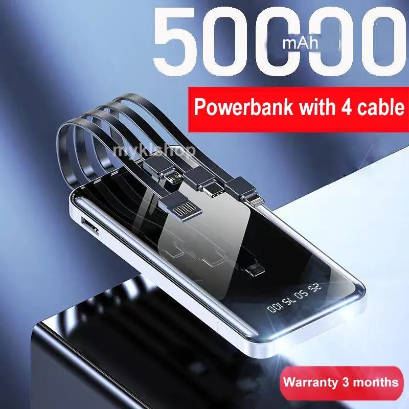 Ready Stock 50000mAh Power Bank 4 Cables Full Capacity Mini Powerbank Portable Fast Charging Digital Display Slim Battery Charger White
