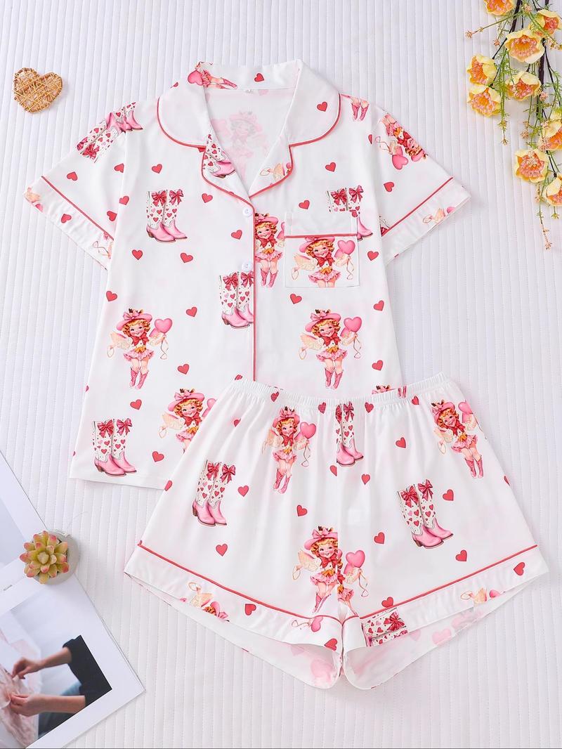 Product Introduction of Women's All Over Cartoon Print Button Front Shirt & Shorts Pyjama Two-piece Set, Casual Comfy Short Sleeve Top & Shorts Pj Set, Ladies Sleepwear for All Seasons, Pajamas 1
