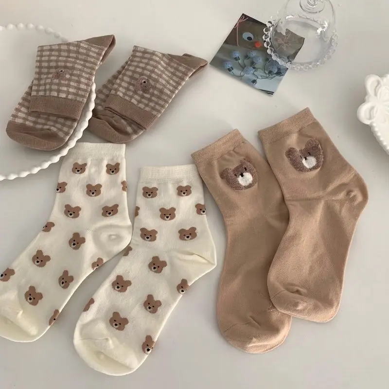 Ladies Cute Brown Bear Socks Casual Breathable Cotton Socks Socks