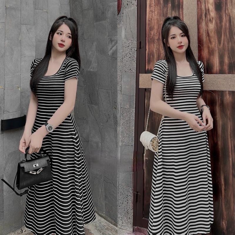 Đầm body kẻ dáng xoè cổ vuông Ôm gọn