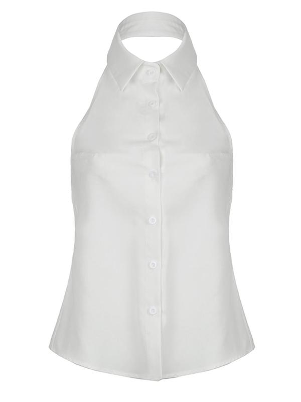 Women's Plain Tie Backless Button Front Halter Top, Sexy Fashion Sleeveless Collared Top, Ladies Casual Summer Clothes, Buttoned Top 4