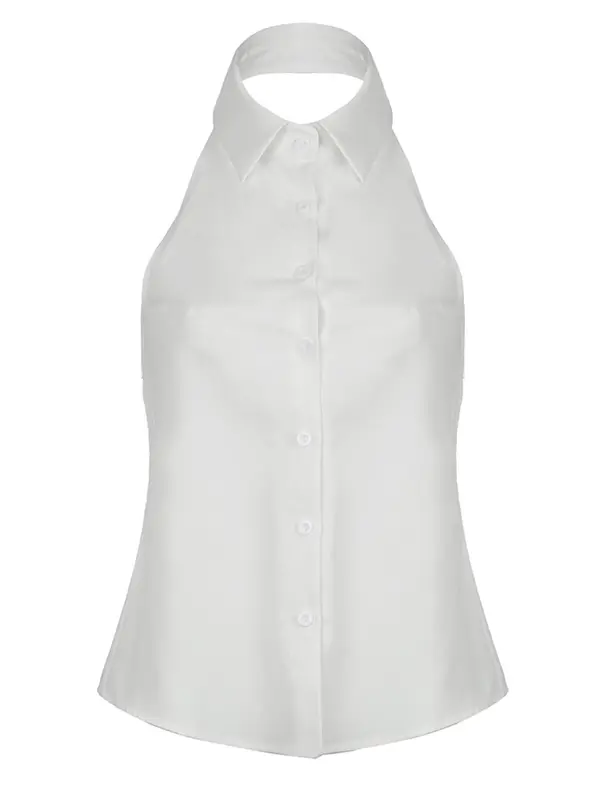 Women's Plain Tie Backless Button Front Halter Top, Sexy Fashion Sleeveless Collared Top, Ladies Casual Summer Clothes, Buttoned Top 4