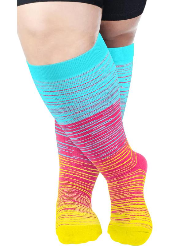 Plus Size 2 Pairs Striped Print Compression Over The Knee Socks, Athletic Running Socks, Soft Comfy Breathable Sports Socks for Women & Men Plus Size Outfits 2024 1