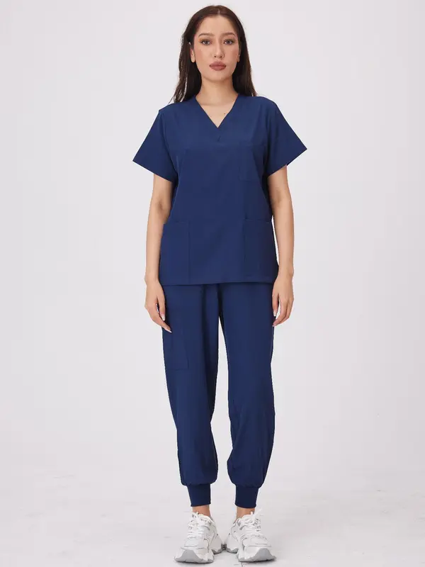 Women's Solid Color V Neck Pocket Top & Pants Workwear Set, Casual Comfy Breathable Two-piece Set for Daily Wear, Women's Workwear for All Seasons 0
