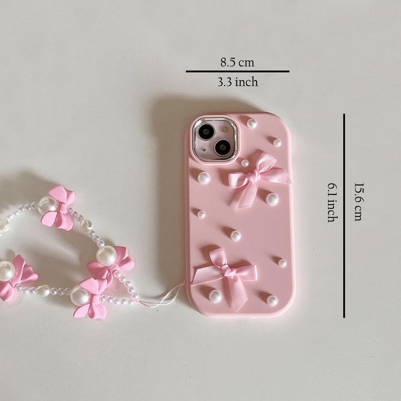 Product Introduction of Bowknot Decor Phone Case with Faux Pearl Beaded Lanyard, Cute Fashion Phone Protective Case, Full Coverage Shockproof Phone Cover Compatible with iPhone 15 14 13 ProMax 8