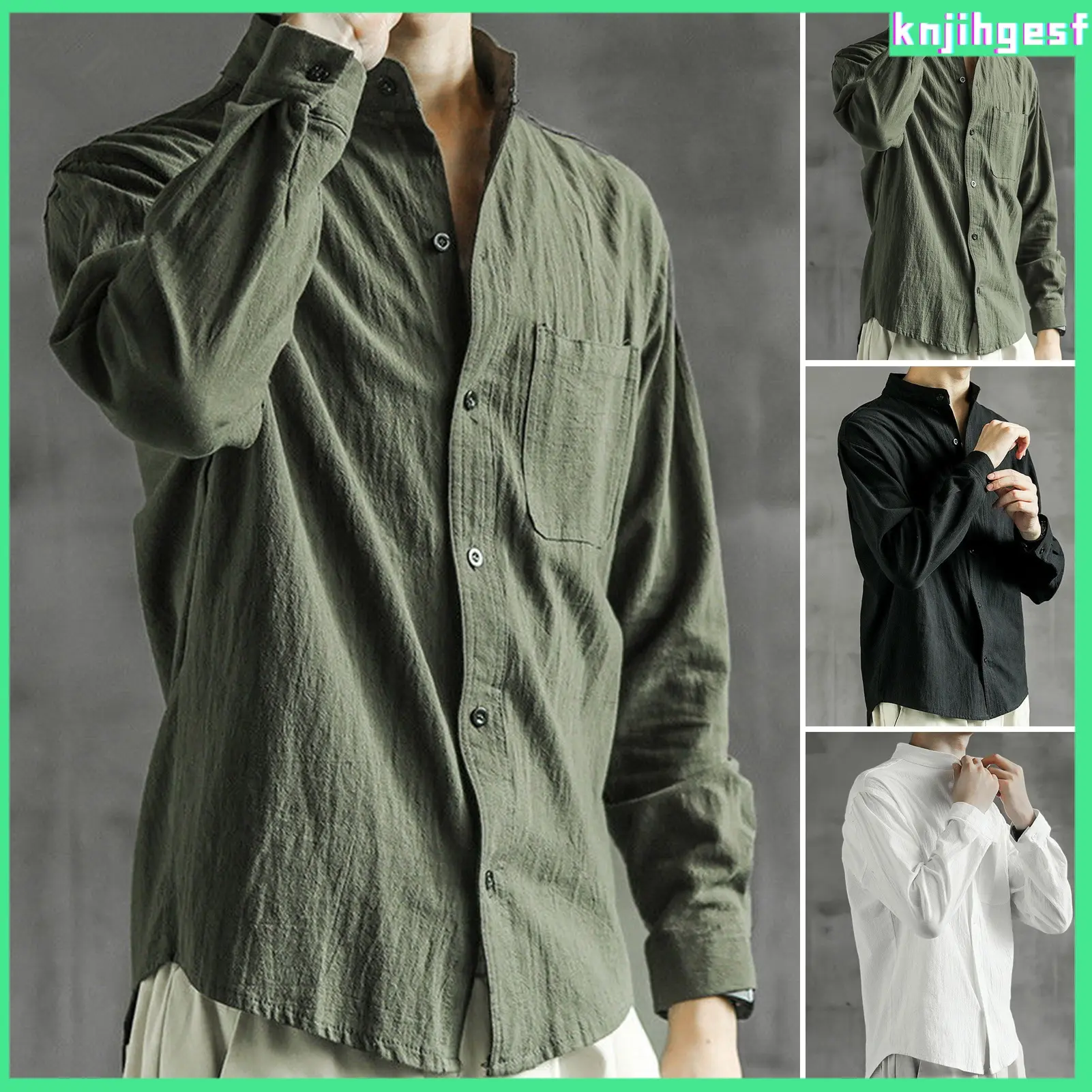 [knjihgesf]Spring Fall Men Shirt Stand Collar Long Sleeves Single-breasted Thin Solid Color Cardigan Button-up Business Office Wear Daily Casual Top
