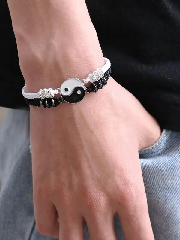 【zhamus】Alloy Tai Chi Braided Bracelet Hand-set gelang couple cauple telon Anniversary Engagement Birthday Gift Dapat dipakai oleh pria dan wanita Gelang Keberuntungan delapan trigram dan diagram tai chi Hitam Magnet  Putih  Bracelets 2