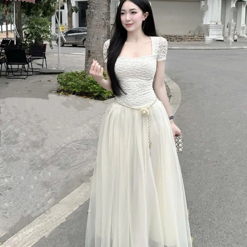 Bb36 Váy Ren Nhung Chân Lưới Dài Kèm Dây Eo Hoa ( chuẩn ảnh) tôn dáng nữ tính,38-54kg,szS/M 2