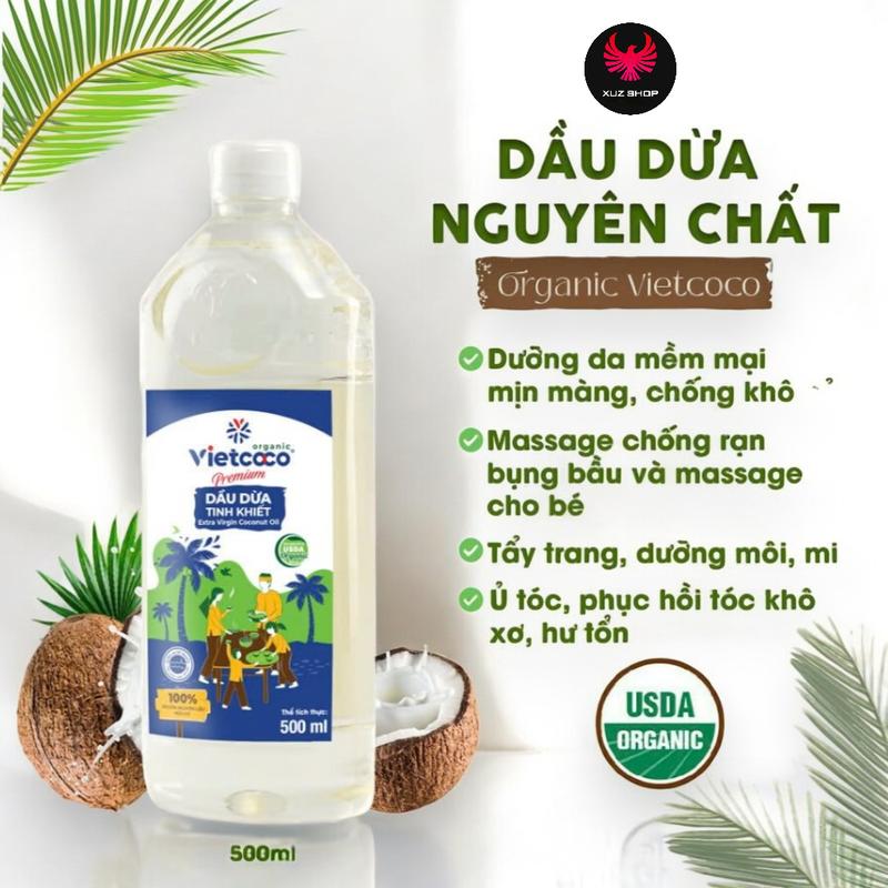 500ml-Dầu dừa ép lạnh hữu cơ Vietcoco dưỡng da dưỡng tóc dưỡng mi mỹ phẩm Massage súc miệng