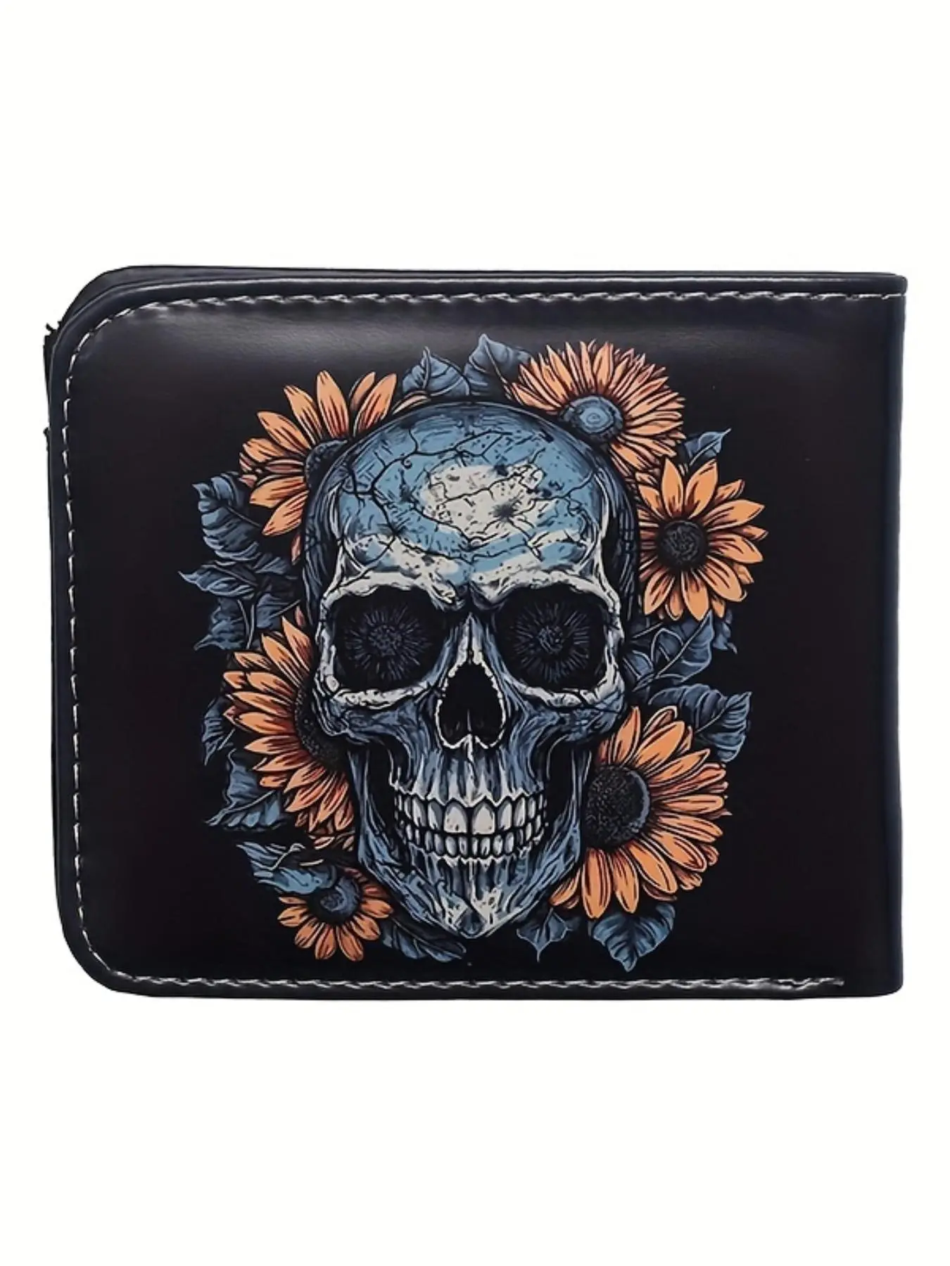 Men's Vintage Skull Pattern Short Wallet, 2025 New Style Casual PU Leather Zipper Bifold Wallet, Fashionable Wallet for Daily Use