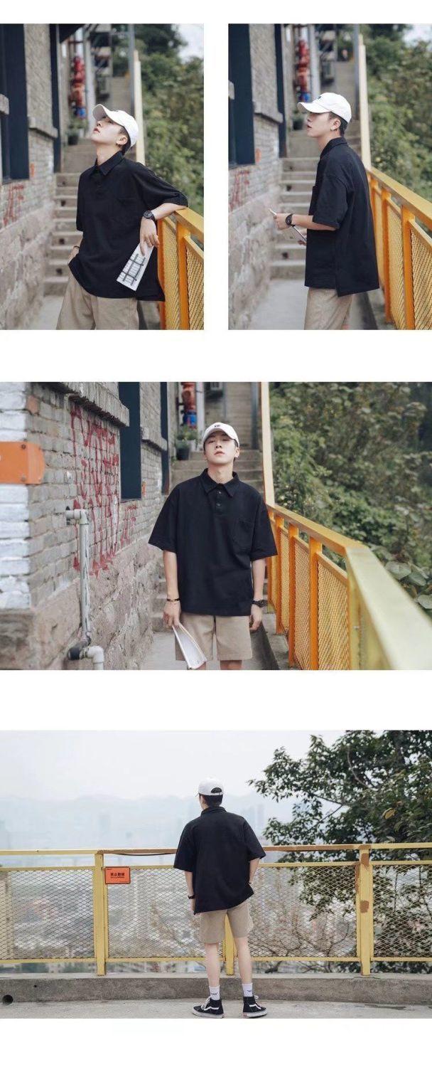 Product Introduction of Green Short Sleeve Polo Shirt for Men Summer Ins Trend Loose Fit Hong Kong Style Versatile Casual Stylish Turn-down Collar Five-point Sleeve T-shirt 7