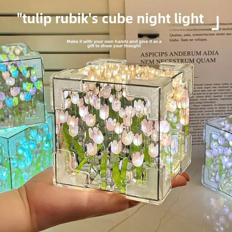 Bộ đèn ngủ tự làm, Thiết kế hoa tulip, Thủ công gương khối lập phương 3D, với hiệu ứng Vườn hoa nở, Trang trí phòng ngủ lãng mạn thủ công, Quà tặng sinh nhật sáng tạo cho bạn gái / Vợ, bao gồm đèn dây LED và lắp ráp câu đố 1