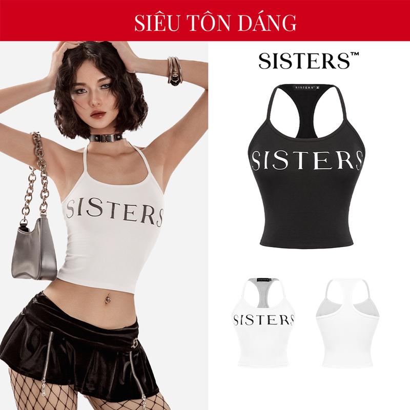 Áo ba lỗ nữ cổ tròn dáng croptop SISTERS màu đen trắng hoạ tiết in chữ thun borip ôm sát cơ thể Callia | SS24-T9