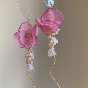 Hoa Tai Tua Rua Hoa Vải Tuyn, Màu Hồng, Dành Cho Nữ, Phong Cách Kỳ Nghỉ Pháp, Hoa Tai Dài, Thiết Kế Độc Đáo Hoa Tai Bản To