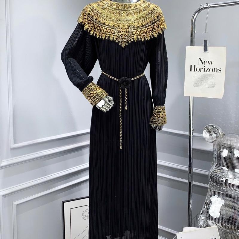 Váy dập ly cổ cườm selquen kèm dây đai hoa chà hàng siêu cấp QC