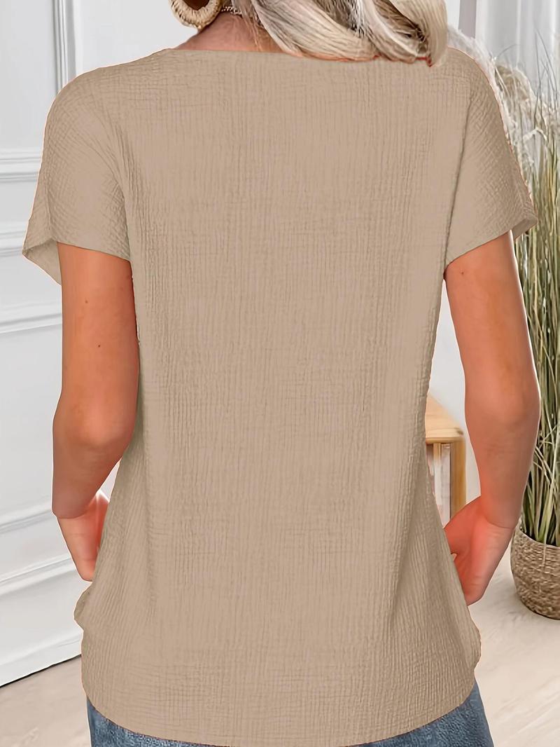 Product Introduction of Women's Plain Button Decor Tee, Casual Short Sleeve T-shirt for Daily Wear, Ladies Clothes for All Seasons 6