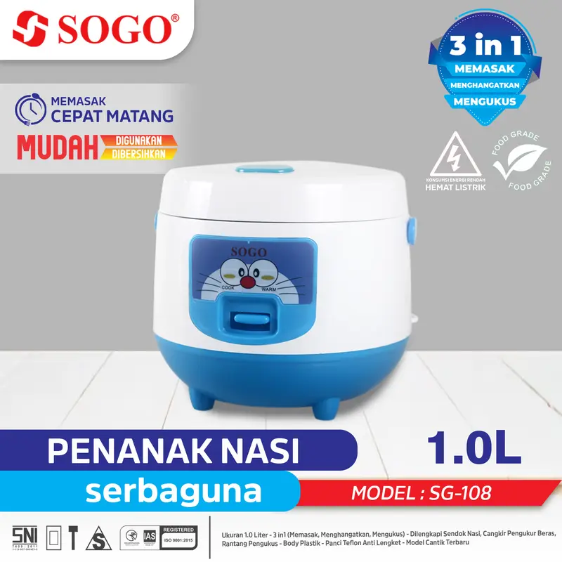 Magic Com 3-in-1 SOGO 1L - Penanak Nasi Mini Anti Lengket dengan Panci Teflon dan Rantang Pengukus - Sendok 0