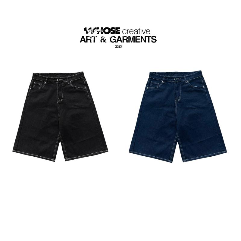CONTRAST STITCH BAGGY SHORT JEANS - Quần baggy short jeans màu cơ bản/chỉ trắng tương phản Whose Studio