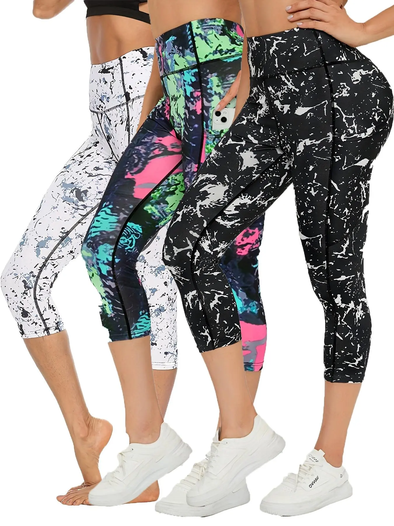 Women's 3 Counts All Over Print High Waist Pocket Capri Leggings, Sporty High Stretch Skinny Pants for Yoga Gym Fitness, Summer Outfits 2024, Ladies Sportswear Bottoms for All Seasons