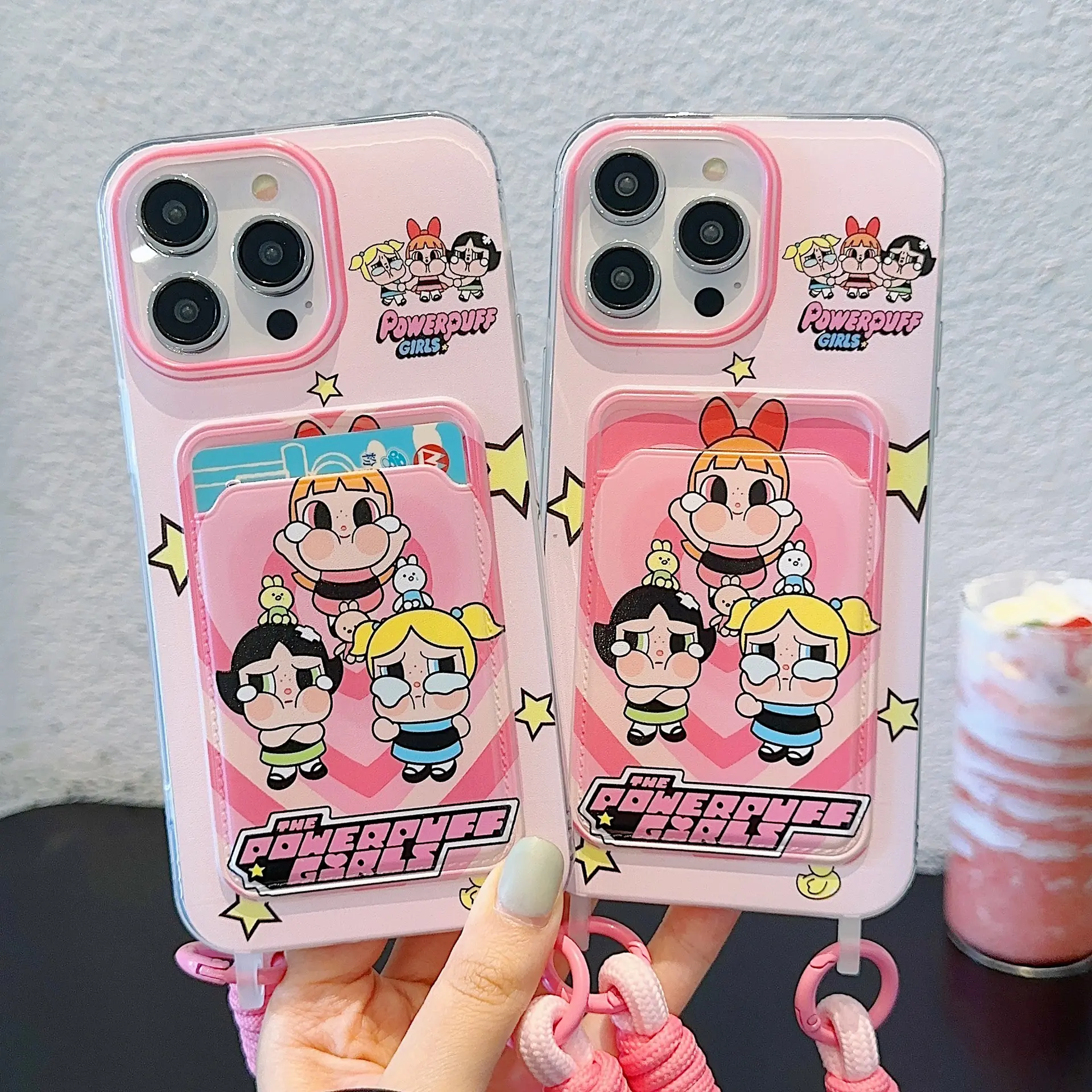 Cute Powerpuff Girl Card Holder Compatible with iPhone 14 Pro Max Case Apple 15 Cute 13/11 with Lanyard