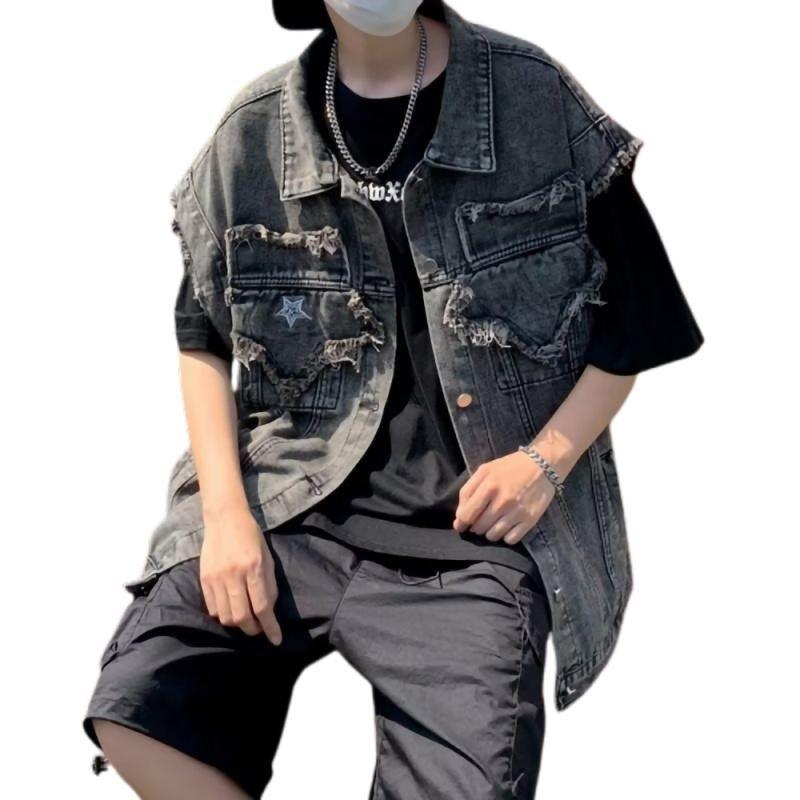 Áo Ghi Lê Denim, Màu Xám, Thương Hiệu Thời Trang Cổ Điển Phong Cách Nhật Bản, Dành Cho Nam Và Nữ, Có Miếng Dán XINGX, Áo Ghi Lê Không Tay Áo Khoác Rụng 5