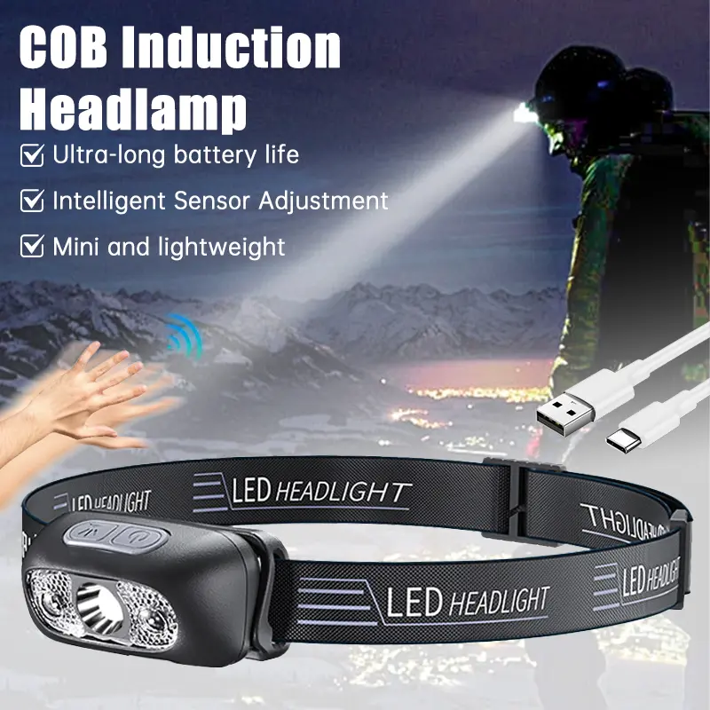 Đèn pha LED Cầm Tay ngoài trời, siêu sáng, cảm biến thể thao, COB XPG, không thấm nước, có Thể Sạc Lại USB, đèn pin đội đầu khẩn cấp, đèn cắm trại, đèn làm việc