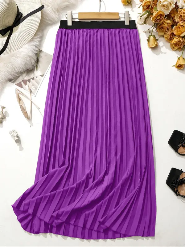 【Plus Size】 Solid Pleated Skirt, National Day Clothing, Elegant Fashion A-line Skirt for Daily Outdoor Wear, Women Plus Clothing for Summer 5