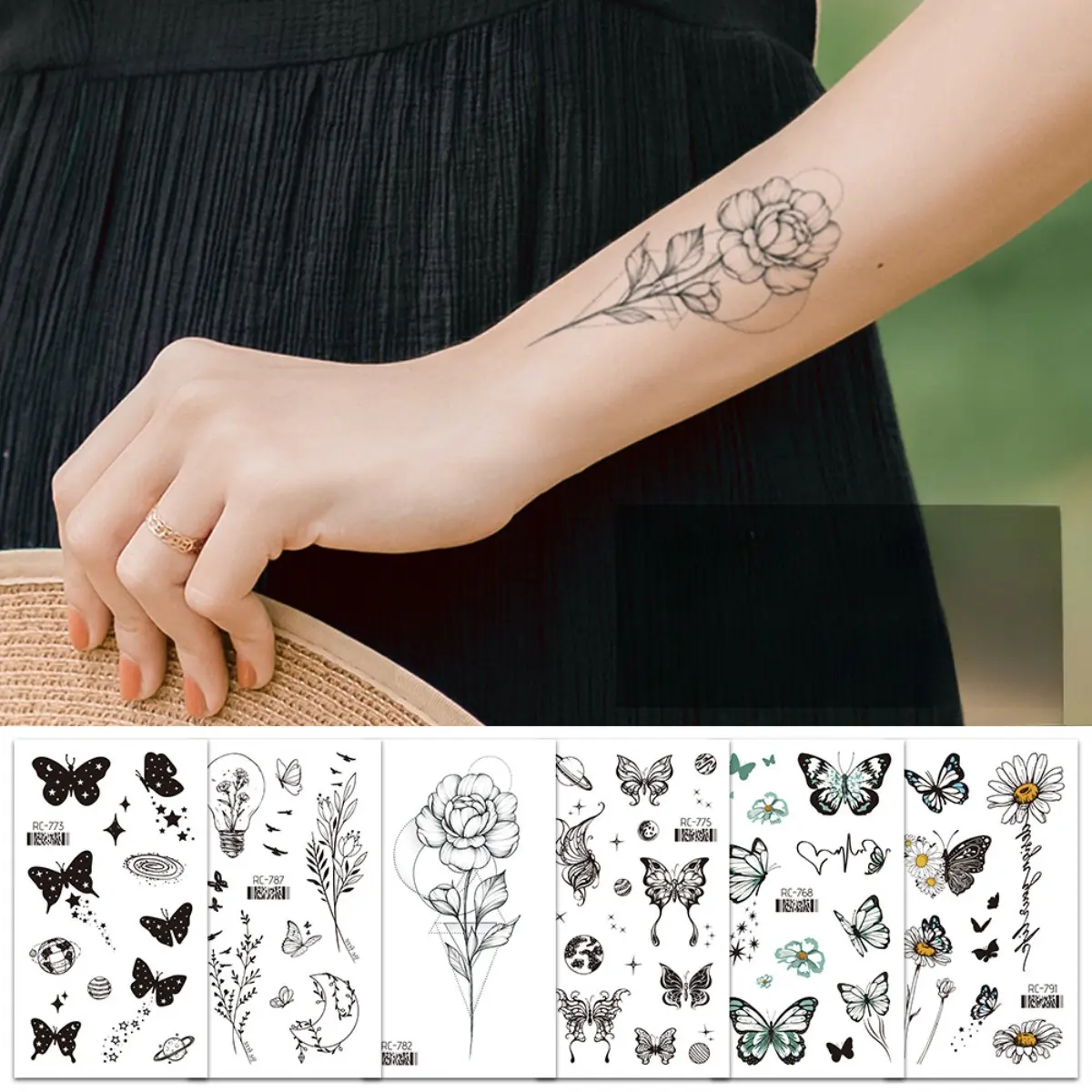 Miếng Dán Hình Xăm, Thiết Kế Hình Bướm, Ngọt Ngào Và Tự Nhiên, Không Thấm Nước, Phong Cách Cổ Điển Đen Trắng, Cá Tính, Hình Xăm Tạm Thời, Miếng Dán Tay, Hàng Mới Về
