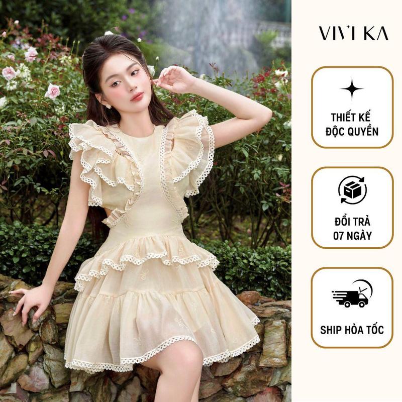 VIVIKA - Đầm cut-out xếp tầng phối đăng ren chất tơ nến - VKDA00427 Nữ Women Kem Dress