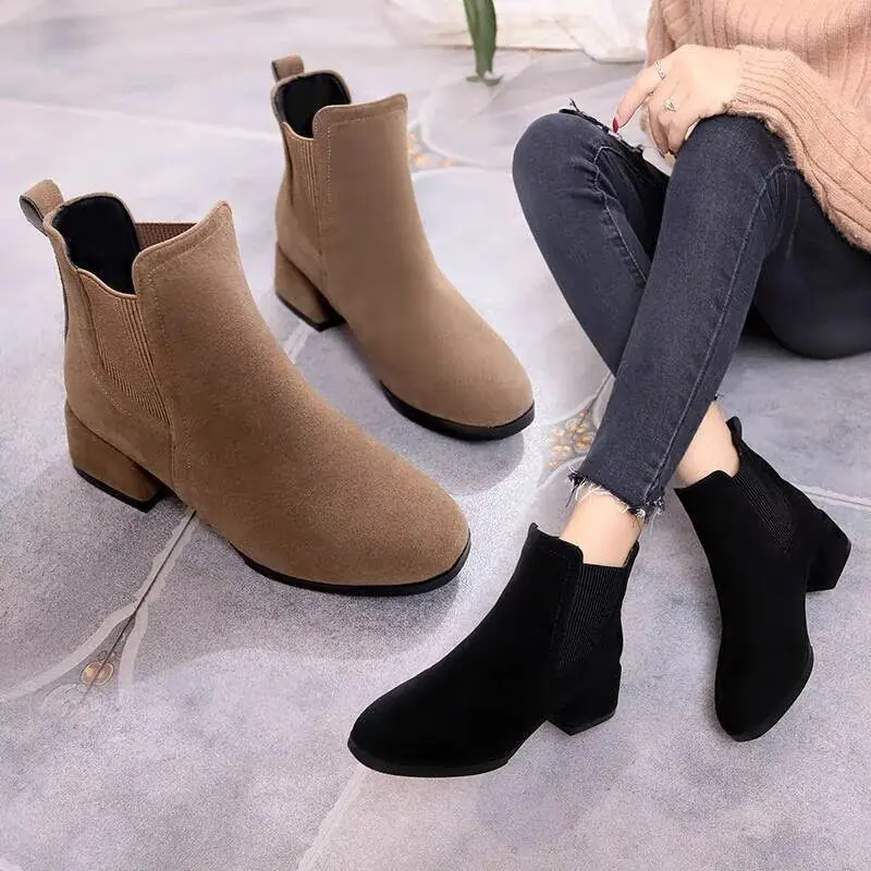 Bốt Ngắn Mùa Đông Cho Nữ, Giày Cao Gót Da Lộn Đế Giữa Mới, Mũi Vuông, Chunky, Martin