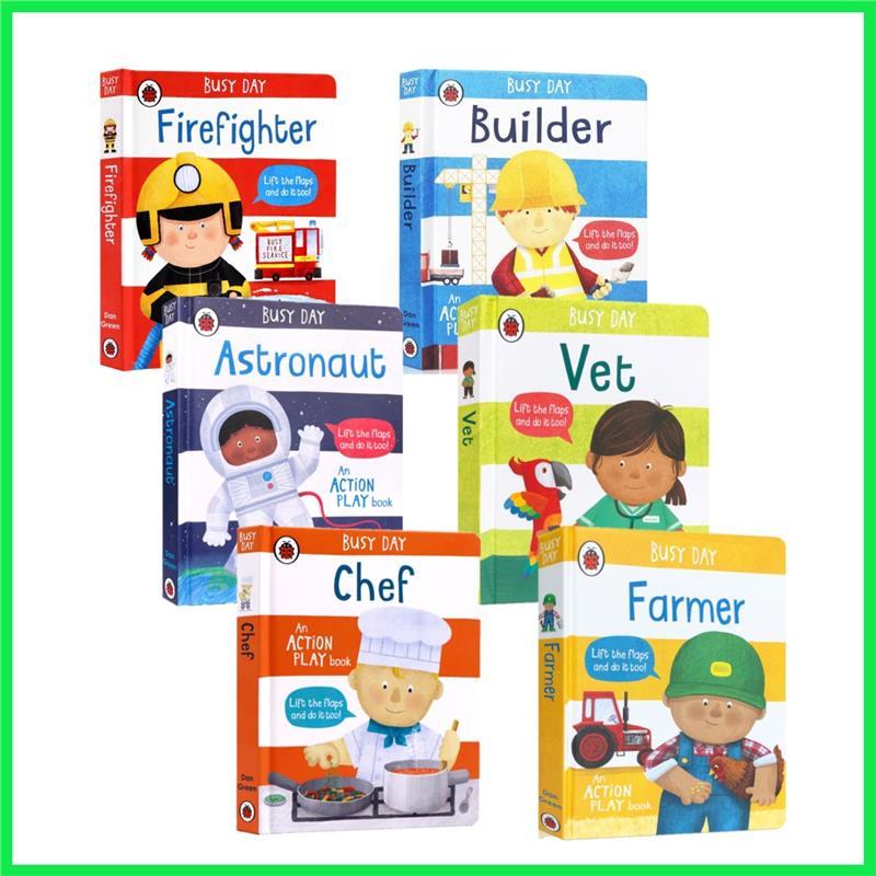 Product Introduction of original 2+y Busy Day Jobs Books Series：Chef/Firefighter/Builder/Farmer，An Action Play Book Lift The Flaps Hardcover 24